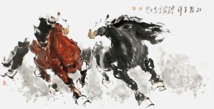 河南美协王向阳四尺双骏图《双骏呈祥》