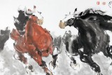 SD中美协会员 画坛名家王向阳四尺双骏图《双骏呈祥》(询价)