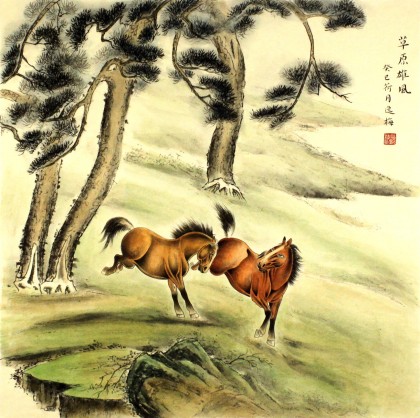 【已售】山东美协赵逸梅四尺斗方骏马图《草原雄风》