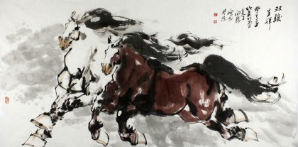 【已售】中美协会员 画坛名家王向阳四尺双骏飞奔图《双骏呈祥》