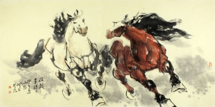 【已售】中美协会员 画坛名家王向阳四尺双骏图《双骏呈祥》(询价)