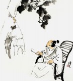 【已售】陈漫之四尺斗方梧桐水墨人物《云林洗桐》