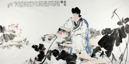 【已售】陈漫之四尺莲花仕女图《爱莲图》