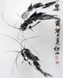 李绍山四尺三开餐厅水墨虾《鱼乐图》
