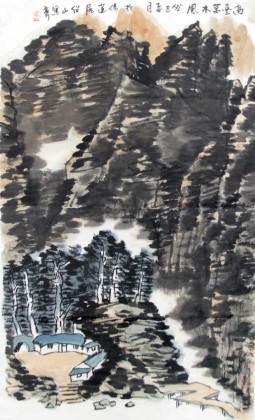 李绍山四尺三开浓墨写意山水画《高台万木风》