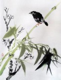 李绍山四尺三开青竹寒梅花鸟画