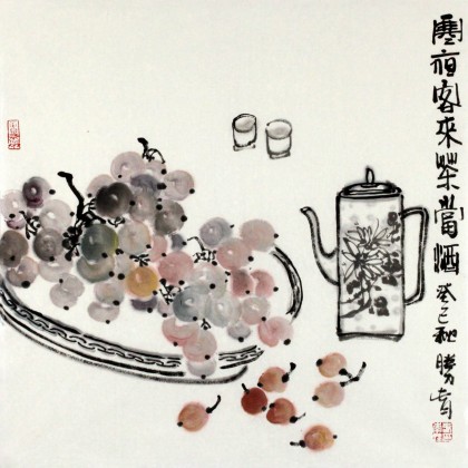 李胜春葡萄国画品茶图《寒夜客来茶当酒》 - 葡