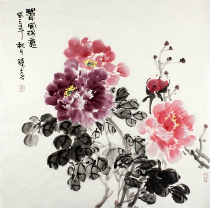 SK李胜春四尺斗方国画牡丹《春风得意》