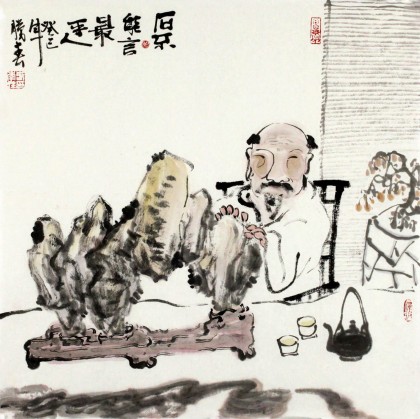 李胜春三尺斗方奇石国画品茶图《石不能言最可人》