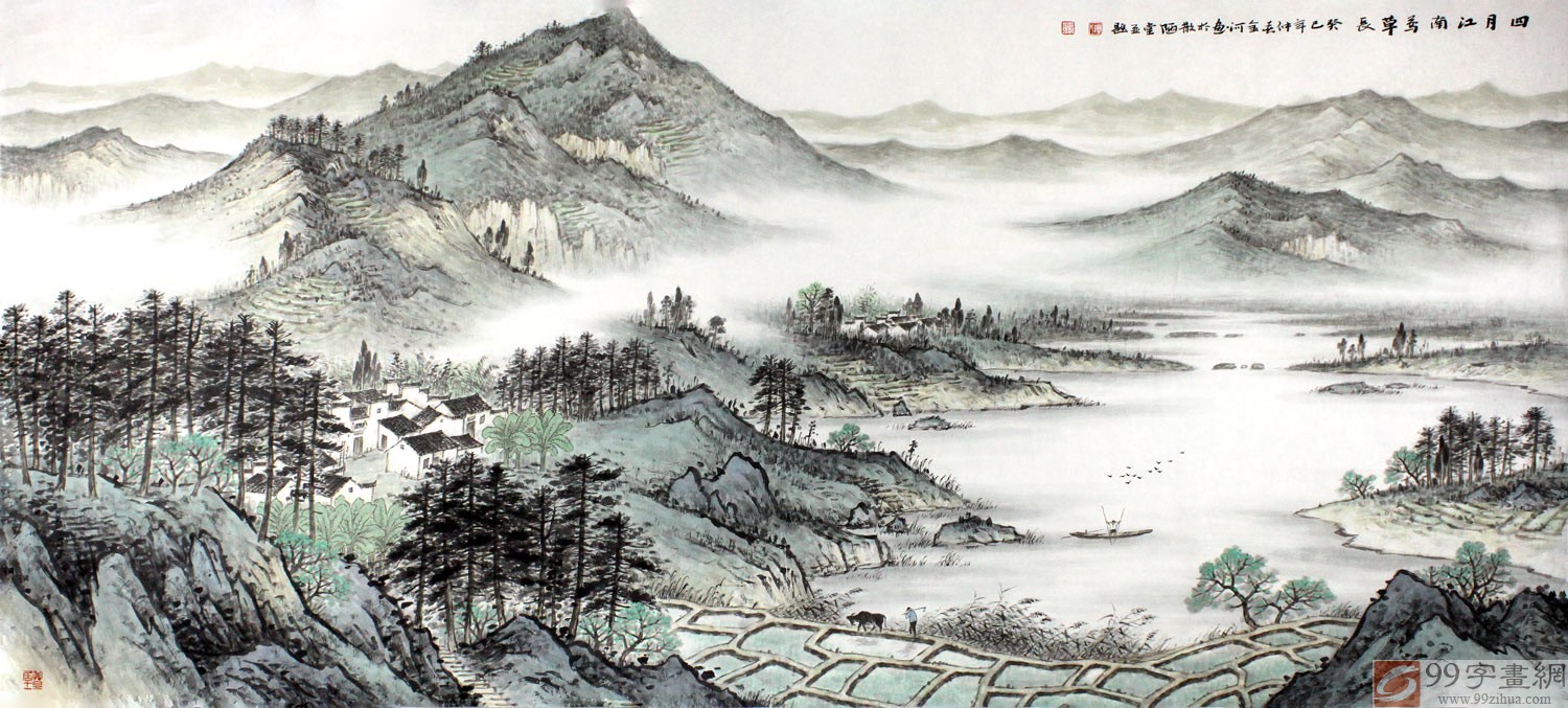 江南秀丽风景画《四月江南莺草长》 - 写意山水画 - 99字画网