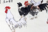 【已售】王向阳八尺对开水墨雄鸡图《吉祥如意》 当代著名画家（询价）