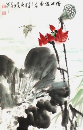 【已售】庾超然四尺三开国画荷花《清池溢香》