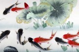 【已售】北京美协凌雪四尺荷花九鱼图《年年有余》