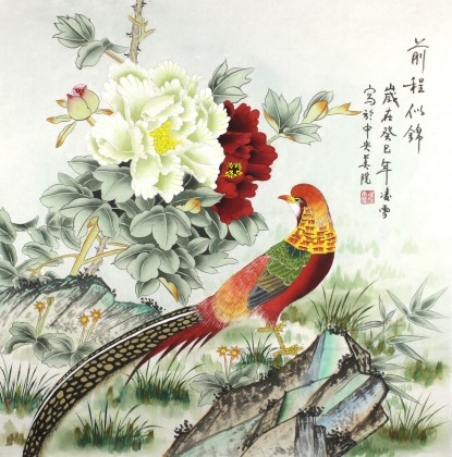 絹本　肉筆　掛軸　前程似錦　美品　工筆画　牡丹no.5-2 中国 青池画 富貴寿攷 絹本肉筆錦鶏牡丹 掛軸 送料込み250618