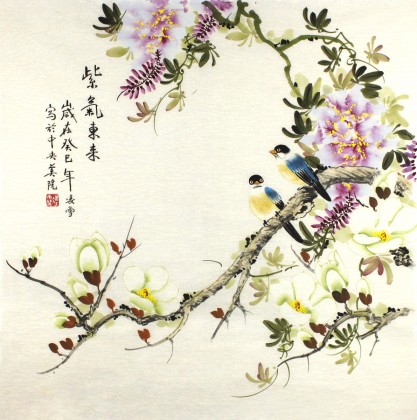 【已售】凌雪四尺斗方紫藤雀鸟图《紫气东来》