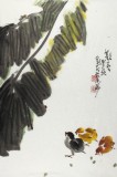 【已售】刘纪 四尺三开芭蕉群鸡图《欢喜》 河南著名老画家