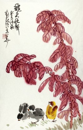 【已售】刘纪四尺三开精品花鸟画《秋色秋声》