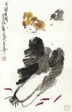 【已售】刘纪四尺三开白菜小鸡图《百财吉祥》