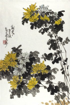 【已售】刘纪 四尺三开国画金菊《傲霜》 中国画大家 真迹收藏