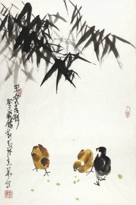 【已售】刘纪四尺三开竹子小鸡图《平安吉祥》