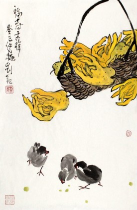 刘纪四尺三开祝寿花鸟画《福寿吉祥》