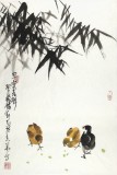 【已售】刘纪四尺三开竹子小鸡图《平安吉祥》