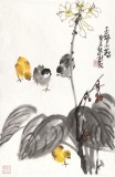 刘纪 四尺三开精品《玉簪小鸡》 中国画大家 真迹收藏