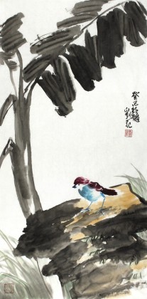 刘纪三尺水墨花鸟画《芭蕉禽鸟图》