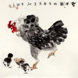 【已售】刘其墉四尺斗方水墨雄鸡《育子图》