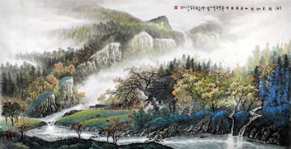 张慧仁八尺山水画《江流天地外 山色有无中》