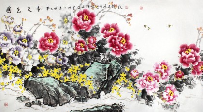 SK著名花鸟画家曲逸之六尺《国色天香》