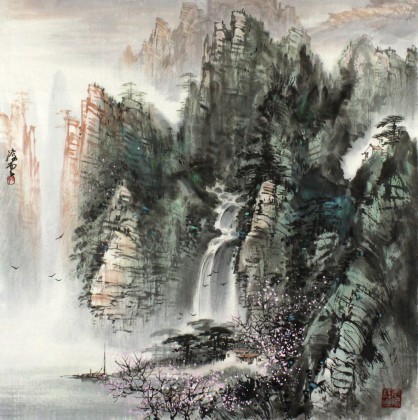 SK王凌云四尺斗方国画山水《桃源深处有人家》