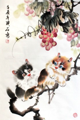 【已售】四尺三开国画猫《猫趣图》