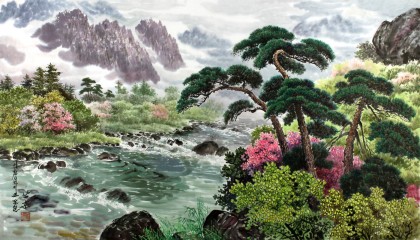【已售】朝鲜一级艺术家 南勋 作品《山谷春景》