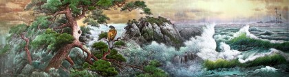 【已售】朝鲜国画办公室巨幅松鹰图《海金刚松树》