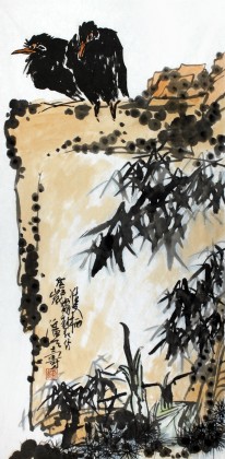 【已售】刘纪三尺水墨竹子《双栖》