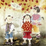 著名工笔画家赵逸梅四尺斗方趣味图《采果图》