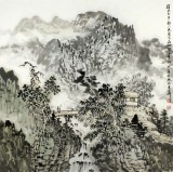 【已售】庾超然四尺斗方国画山水《采菊东篱下》 黄鹤楼书画院院长