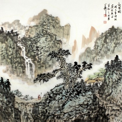【已售】名家庾超然四尺斗方国画山水《观瀑图》