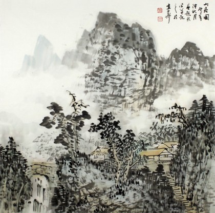 【已售】名家庾超然四尺斗方水墨山水画《山居图》