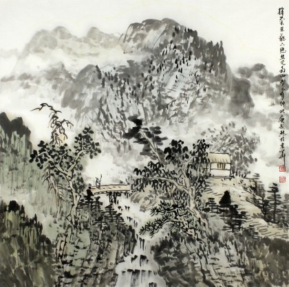 【已售】庾超然四尺斗方国画山水《采菊东篱下》 黄鹤楼书画院院长