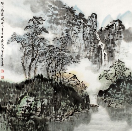 客厅水墨山水画溪山晓露图- 写意山水画- 99字画网