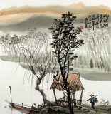 【已售】黄奇松三尺斗方国画山水《柳根闲系夕阳舟》