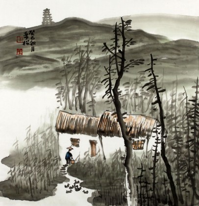 【已售】黄奇松三尺斗方山水国画《担水图》