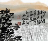 【已售】黄奇松三尺斗方国画山水《柳根闲系夕阳舟》