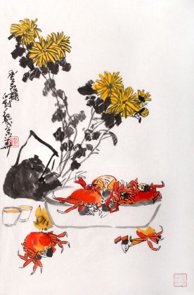 【已售】刘纪 四尺三开菊花螃蟹《秋高蟹肥》 河南著名老画家