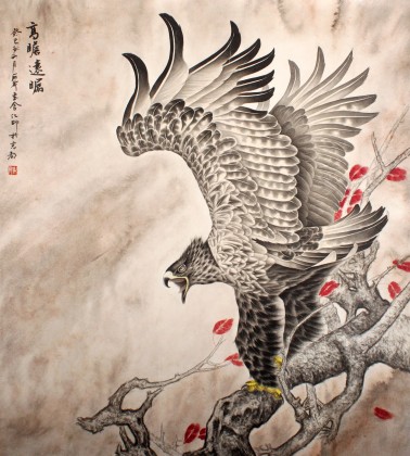 【已售】葛化帅六尺斗方办公室工笔鹰《高瞻远瞩》
