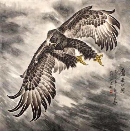 葛化帅六尺斗方工笔鹰《鹰击长空》