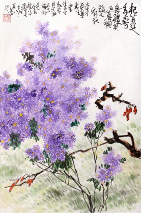 【已售】刘纪四尺三开紫菊图《杞菊延年》