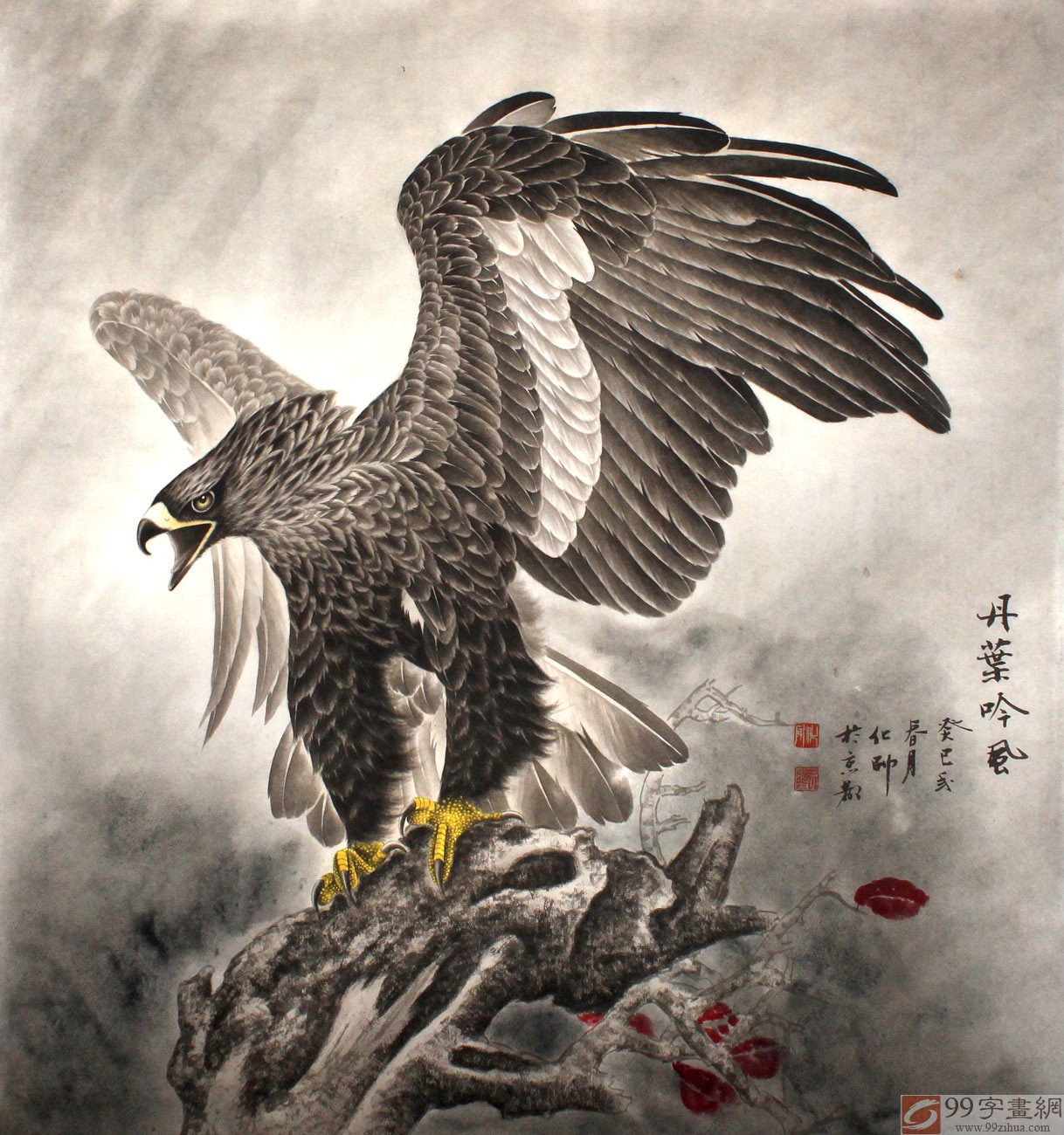 老树雄鹰图丹叶吟风 - 雄鹰展翅图 - 99字画网